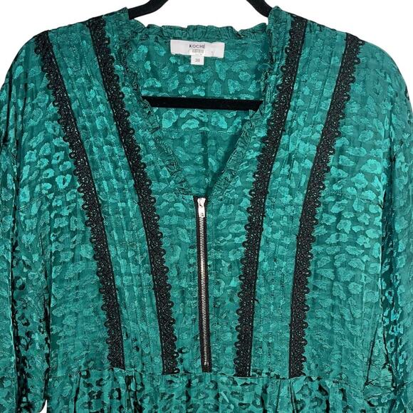 Koché Green Leopard Jacquard Tunic Dress with Lace Hem Size 38 (US 6) - Picture 3 of 11
